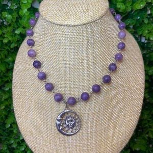Lepidolite Crystal Choker Necklace with Moon Charm